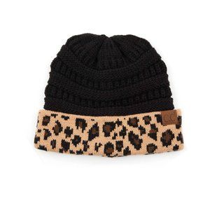 CC C.C Leopard Print Black Cable Knit Beanie Hat